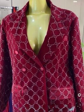 GG Rhinestone Embellished Velvet Blazer in Wine Color